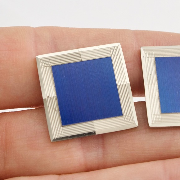 Vintage Etched Blue Tile Cufflinks Silver Tone Large Square Cuff Links - Picture 5 of 5